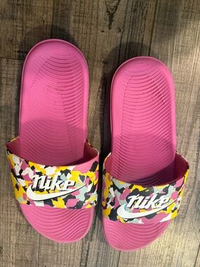 Nike Pink Slides with Yellow & Black Camo Strap